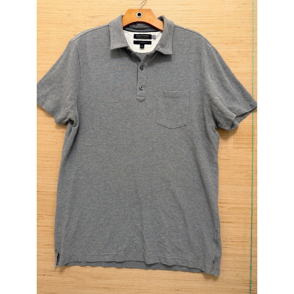 Banana Republic Mens Performance Pique Polo Shirt‎ Grey Stripe Standard Fit L